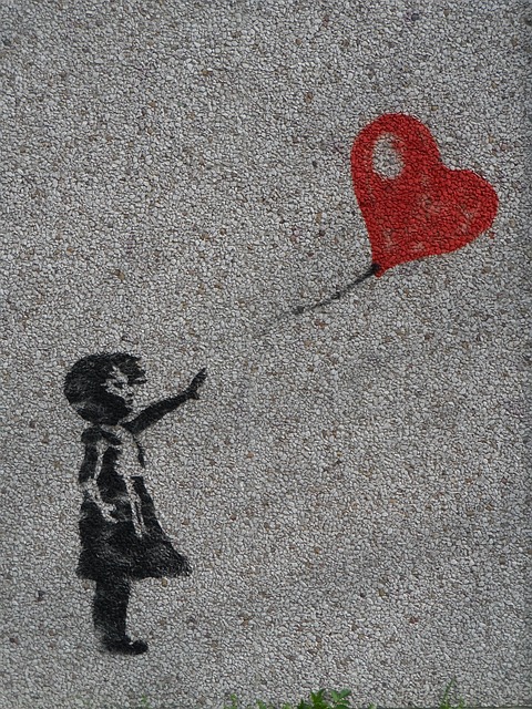 mural, girl, balloon, heart, sad girl, wall painting, graffiti, innocent, love, loss, waving, person, female, to stand, to play, flying, adieu, bye, farewell, hover, windy, exterior art, lovingly, blow, wind, representation, goodbye, divorce, separation, separate, apart, serious, tragic, let go, release, set free, to give up, leave out, waiver, dispense, sad, cartoon, banksy motif, street art, art, artist, stencil graffiti, sprayer, graffito, stencil, pochoir, exposed concrete, red, black, nostalgia, drawing