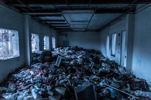 Interior of an abandoned building cluttered with trash and debris, creating a scene of decay and neglect.